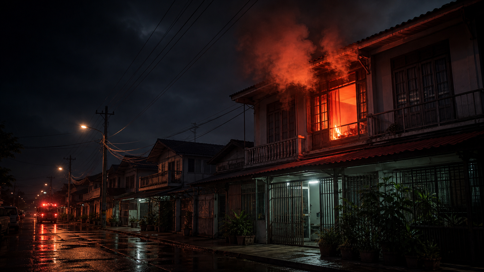 老挝住宅房屋起火与报警设备安装场景