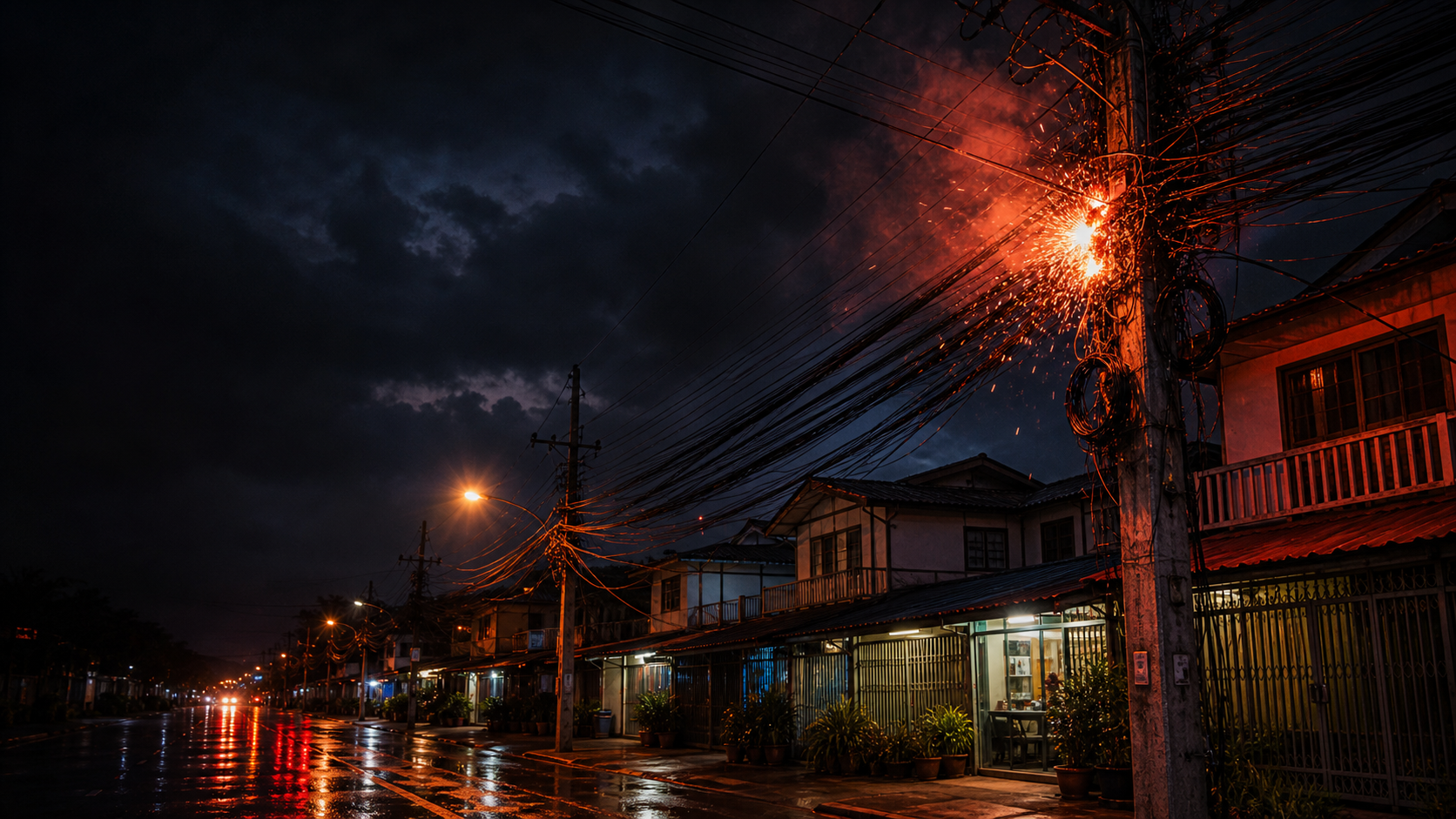老挝街区电杆线路起火风险场景
